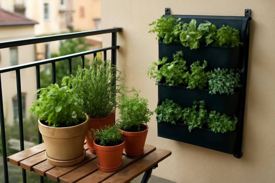 Small balcony with potted herbs and a vertical planter on a railing