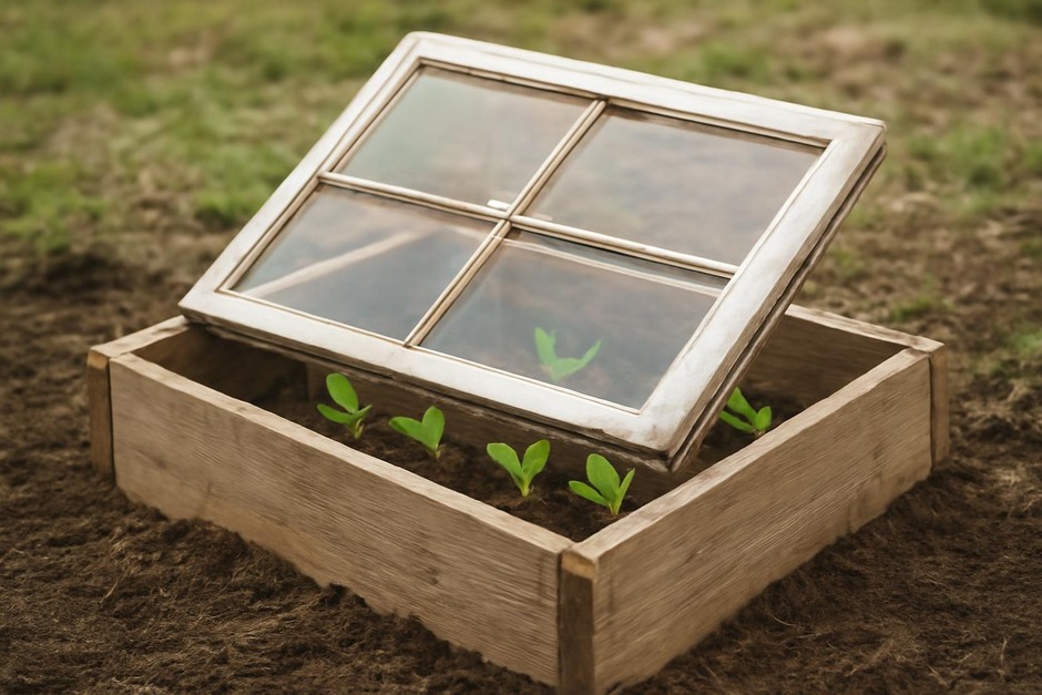 A small cold frame built from an old window covering young lettuce seedlings