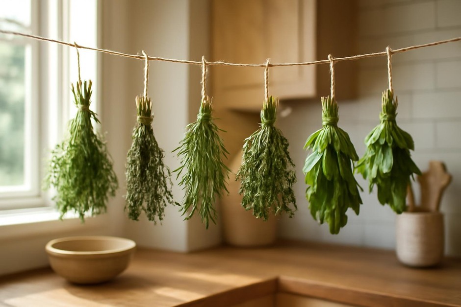 Bundles of herbs drying in a sunny kitchen