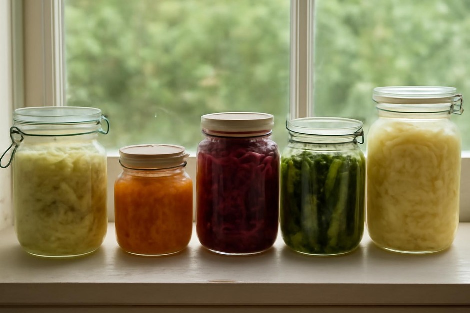 Jars of various fermented vegetables on a kitchen windowsill
