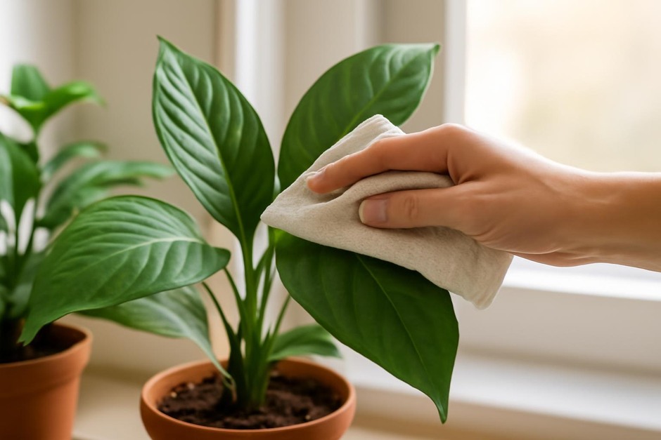 A hand wiping dust from a green houseplant leaf by a sunny window