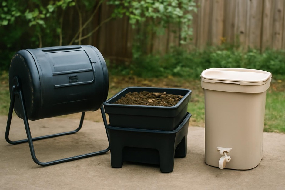 Three home composting systems: outdoor tumbler, worm bin, and bokashi bucket