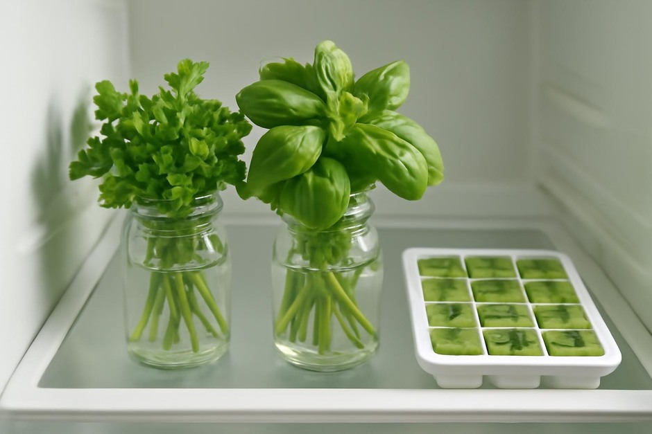 Two jars of fresh herbs in the fridge next to a tray of frozen herb-oil cubes