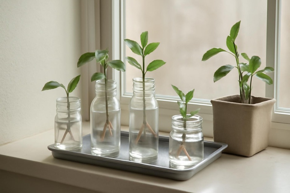 Small windowsill propagation station with glass jars, cuttings, and a tray