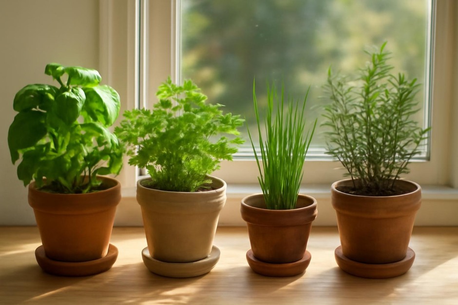 Sunlit windowsill with pots of basil, parsley, chives and rosemary